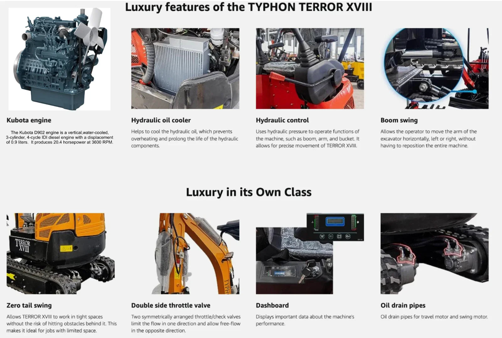 TYPHON TERROR XVIII Prestige 2 Ton Mini Excavator KUBOTA D902 Diesel Engine USA